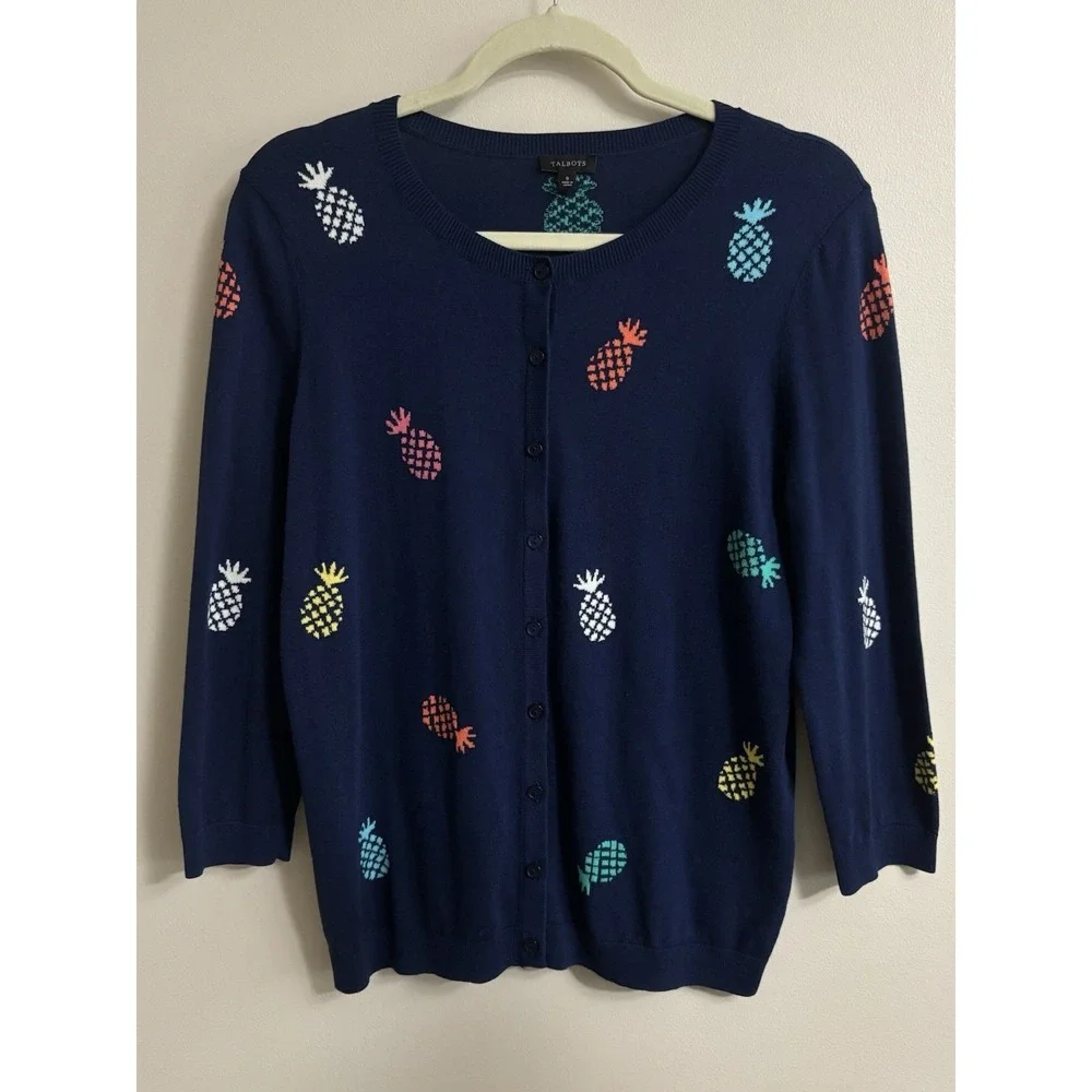 Talbots Charming Cardigan Tossed Pineapple 3/4 Sleeve Tropical Coastal Small